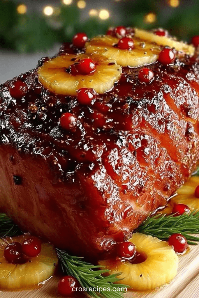 Rôti de jambon glacé à l’ananas et cranberries, servi avec une sauce brillante sucrée-salée.