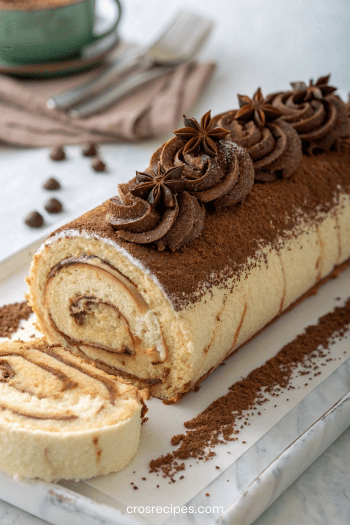 Bûche de Noël roulée façon tiramisu, recouverte de crème mascarpone et saupoudrée de cacao.