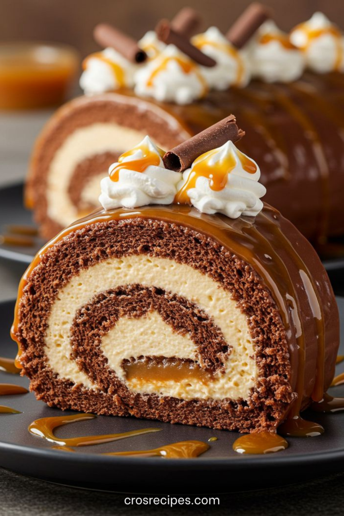 Gâteau roulé au chocolat garni de crème fouettée au caramel salé, saupoudré de cacao.