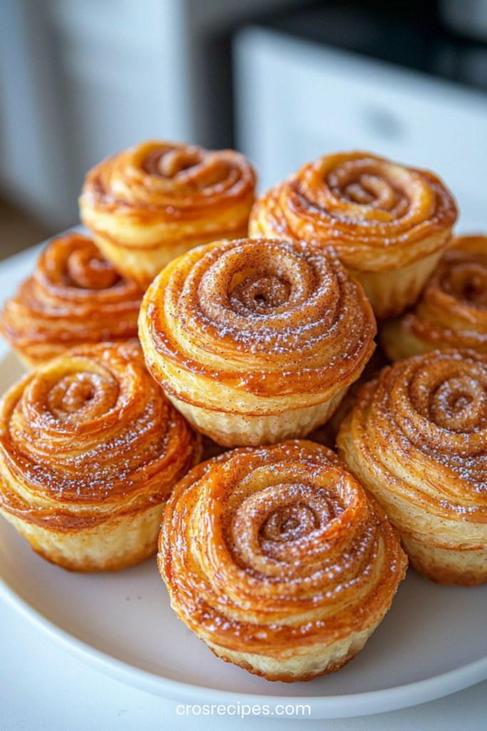 Cruffins feuilletés dorés à la cannelle, servis dans un moule à muffins et saupoudrés de sucre glace.