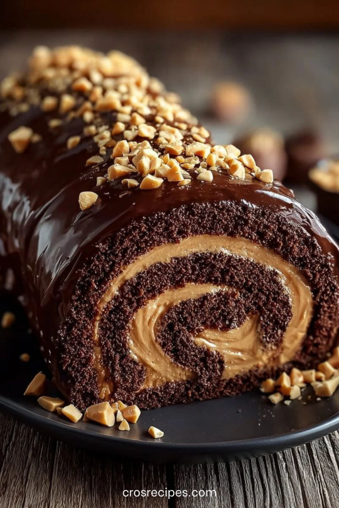 Gâteau roulé au chocolat garni de crème au beurre de cacahuète, recouvert d’un glaçage chocolat et de cacahuètes hachées.