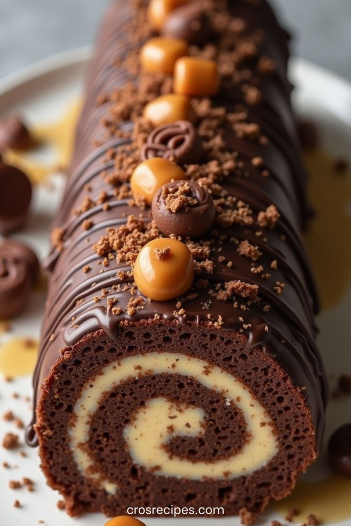 Gâteau roulé au chocolat garni de crème au beurre de cacahuète, recouvert d’un glaçage chocolat et parsemé de cacahuètes hachées.
