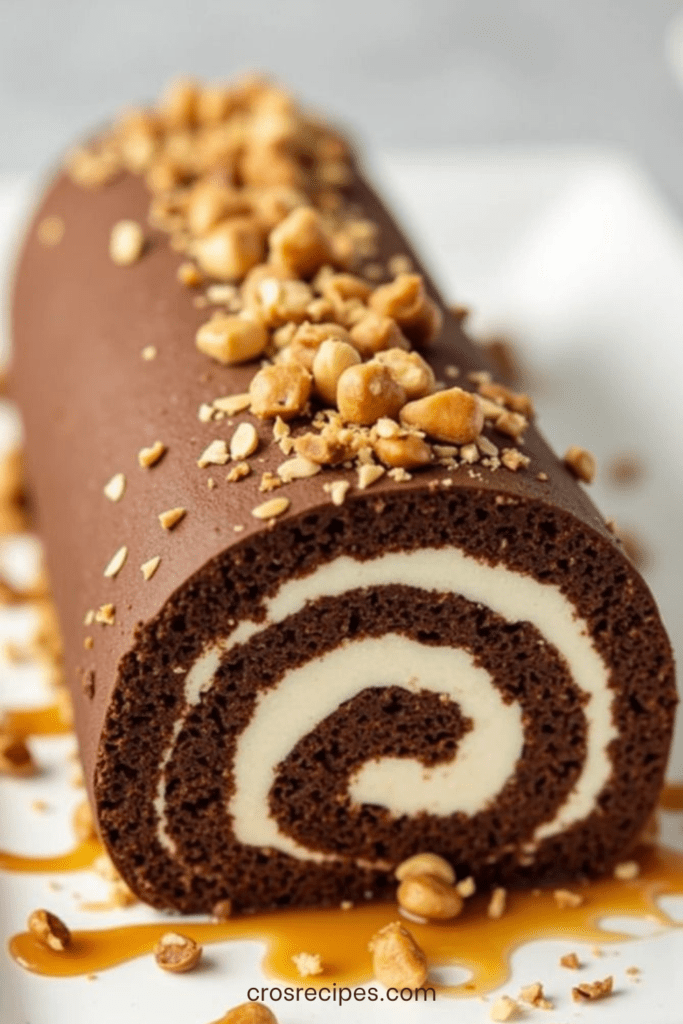 Gâteau roulé au chocolat garni de crème onctueuse, nappé de sauce caramel et décoré de cacahuètes concassées.