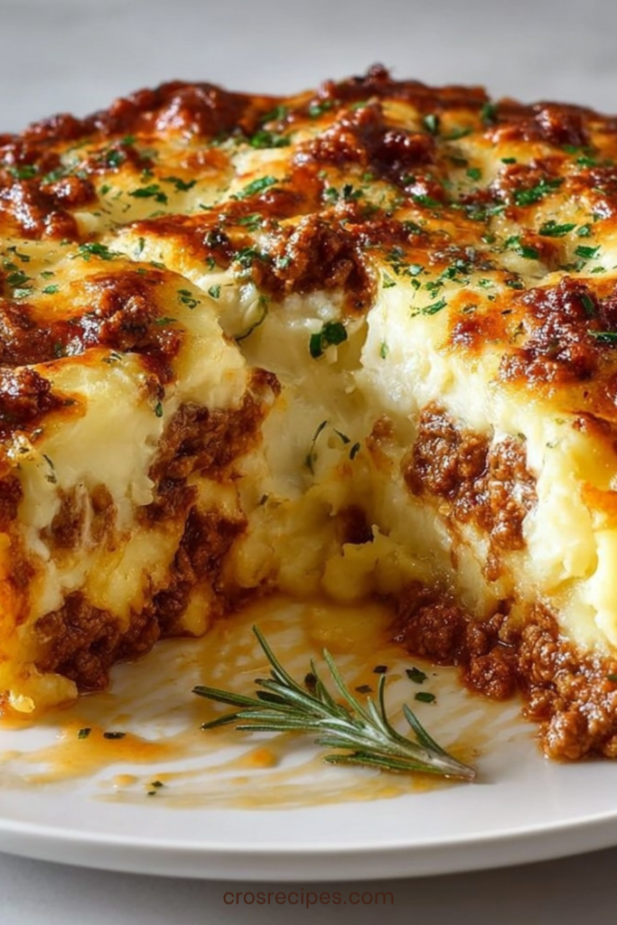 Hachis Parmentier traditionnel gratiné au four, composé de bœuf mijoté et de purée de pommes de terre maison.
