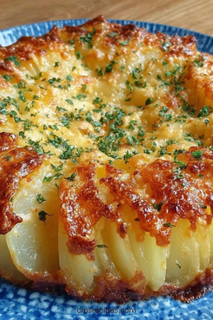 Gratin de pommes de terre en éventail doré au four, nappé de crème et gratiné au fromage.