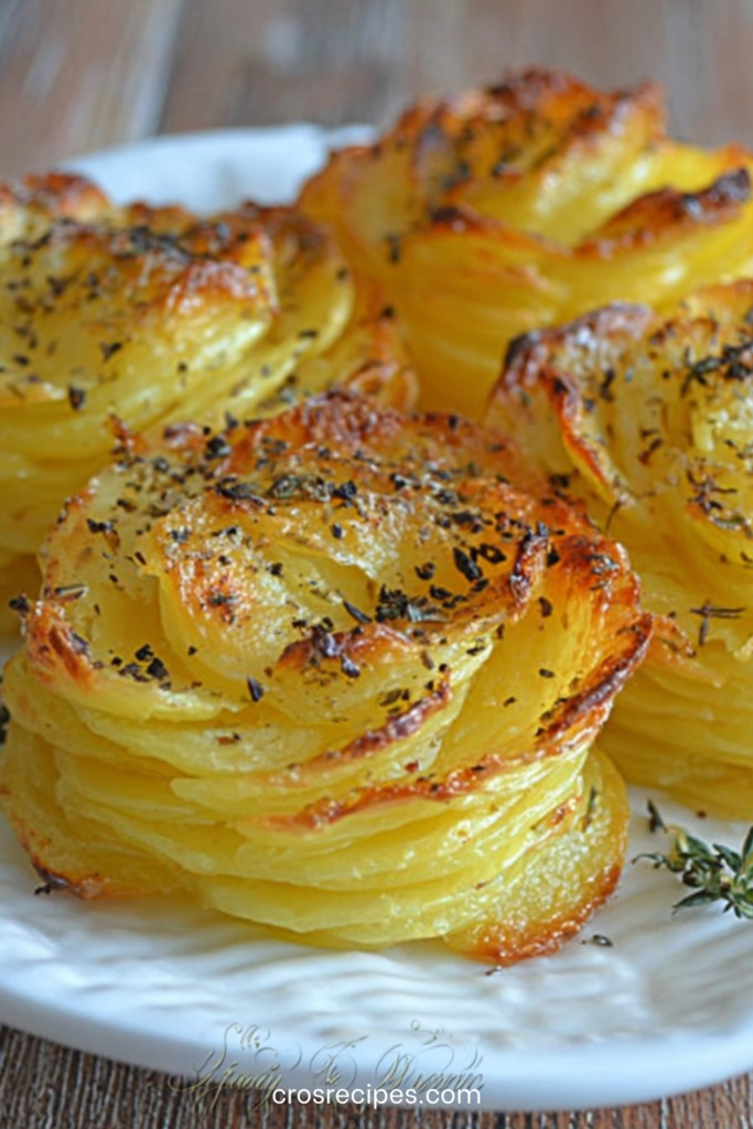 Rosaces de pommes de terre croustillantes superposées en mille-feuilles, dorées au four avec beurre, ail et parmesan.