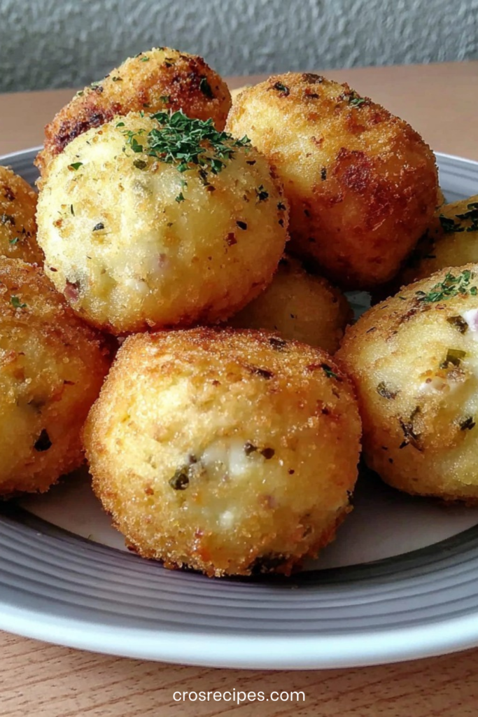 Boulettes de pommes de terre croustillantes dorées, garnies de fromage frais fondant, servies chaudes sur une assiette.