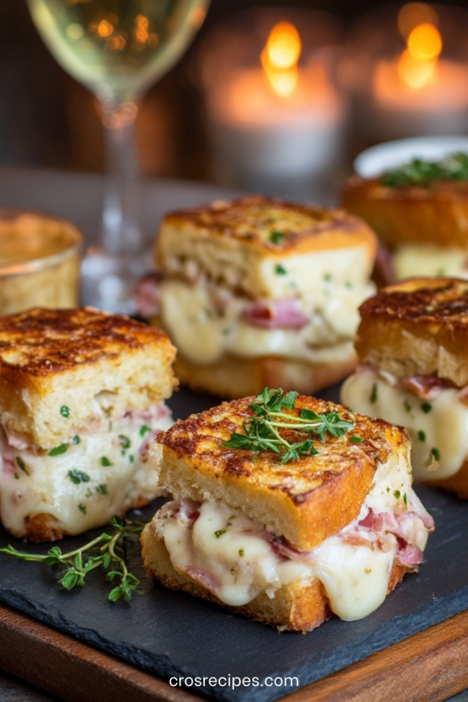 Mini croques-monsieur dorés et fondants, coupés en bouchées, garnis de fromage fondu et jambon, servis à l’apéritif.