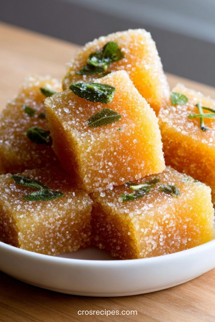 Pâtes de fruits citron et verveine coupées en cubes, roulées dans le sucre cristal, à la texture lisse et brillante.