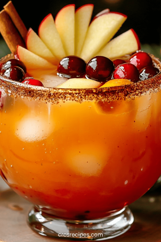 Punch de Noël pomme et canneberge servi frais, garni de fruits rouges, tranches de pomme et bâton de cannelle.
