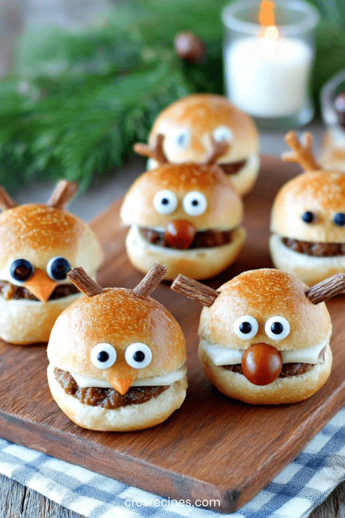 Mini burgers apéritifs décorés en rennes de Noël avec fromage fondu, olives noires, tomates cerises et bretzels salés.