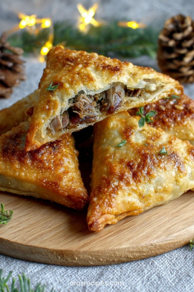 Samossas de Noël croustillants garnis de canard confit, figues et échalotes caramélisées, dorés au four et servis pour Noël.