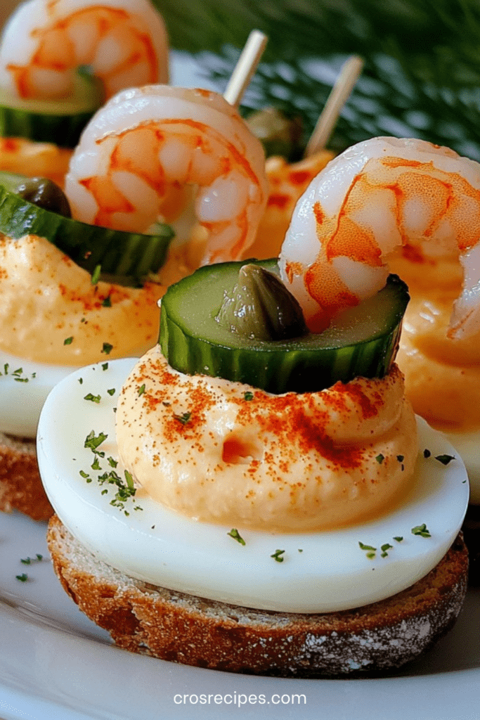 Œufs mimosa marins garnis de crevettes et cornichons, dressés sur des toasts croustillants pour l’apéritif.