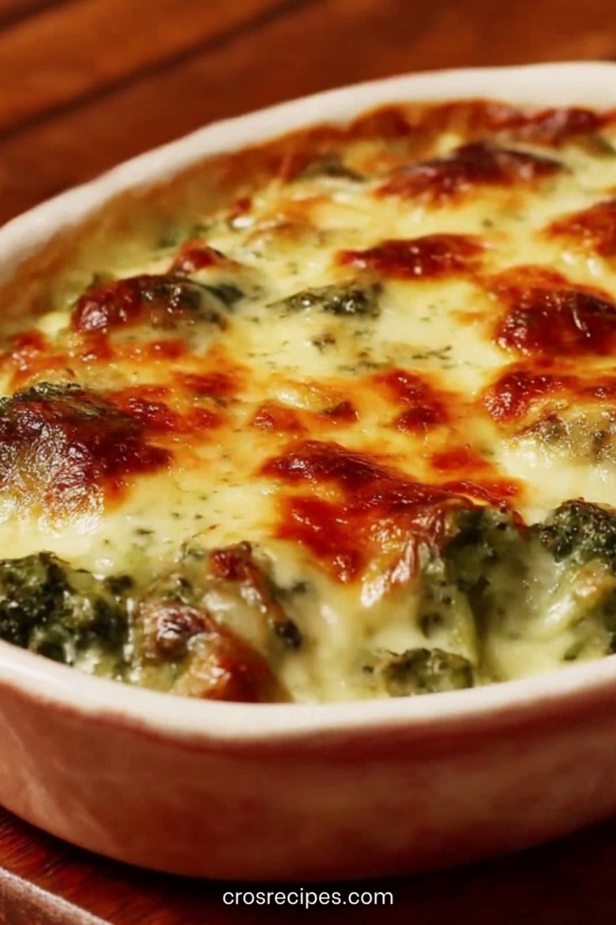 Gratin de brocoli au fromage doré au four, nappé de béchamel crémeuse et gratiné sur le dessus.