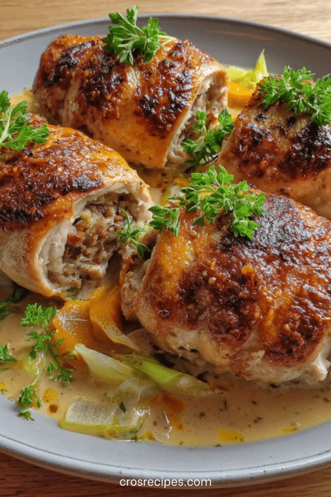 Ballotines de poulet farcies aux champignons, nappées de sauce crémeuse aux légumes, servies dans une assiette festive.