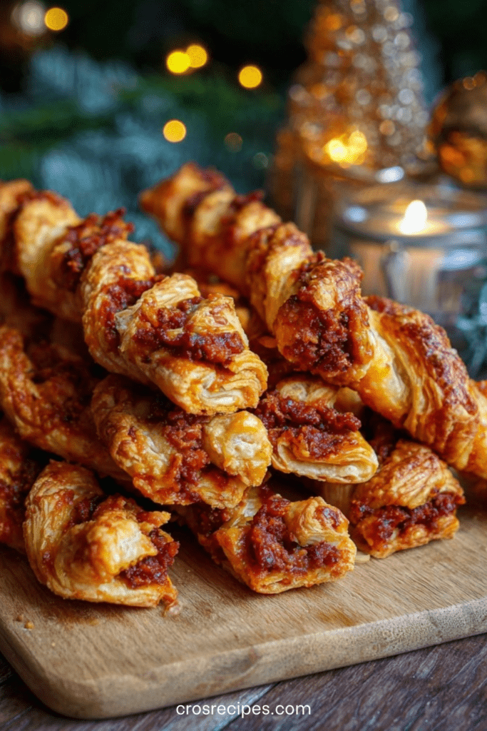 Feuilletés torsadés au chorizo dorés au four, croustillants, garnis de fromage fondu et servis pour l’apéritif.