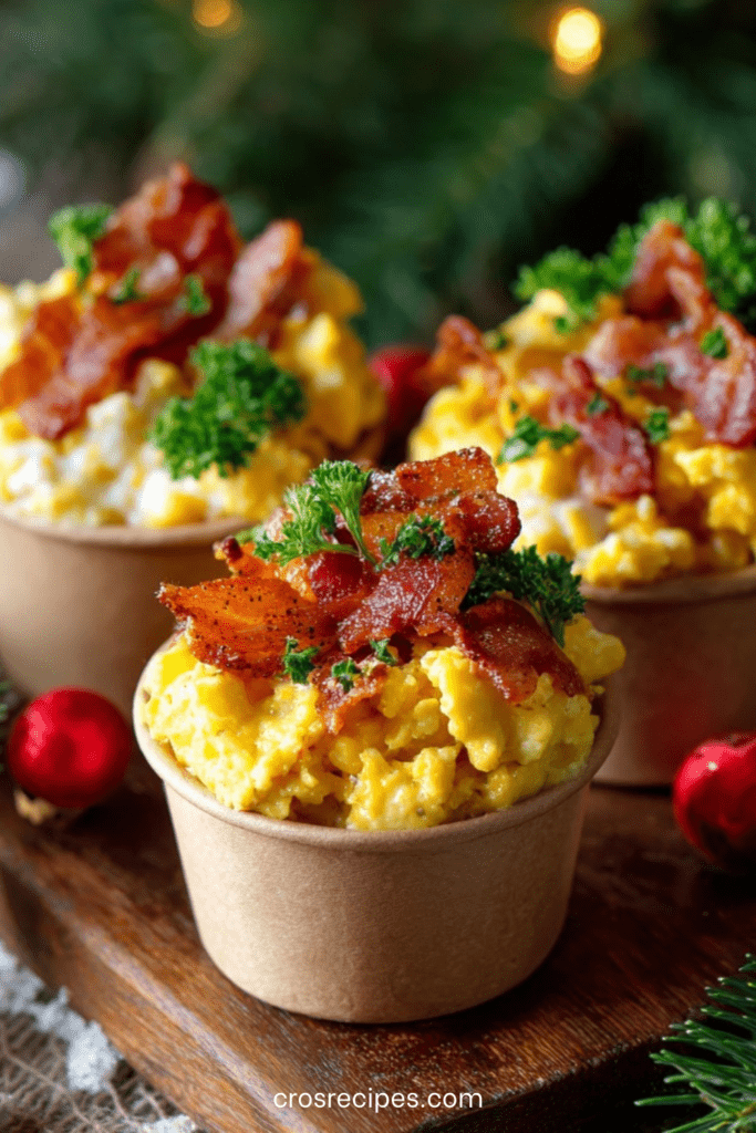 Mini-cups d’œufs brouillés crémeux garnis de bacon croustillant et d’herbes fraîches, servis en portions individuelles.