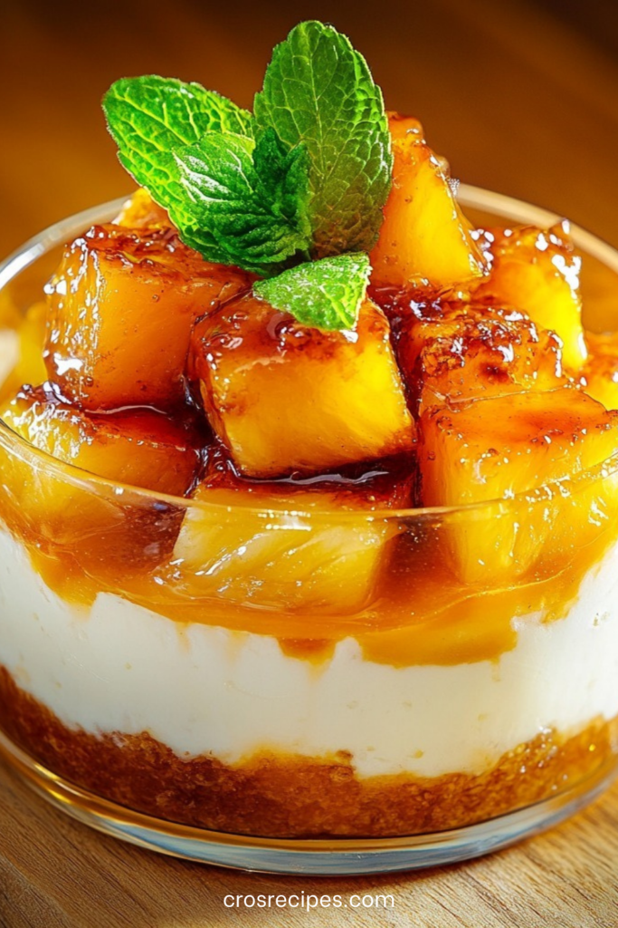 Verrines dessert à l’ananas rôti caramélisé, crème de ricotta légère à la vanille et base biscuitée, décorées de menthe fraîche.