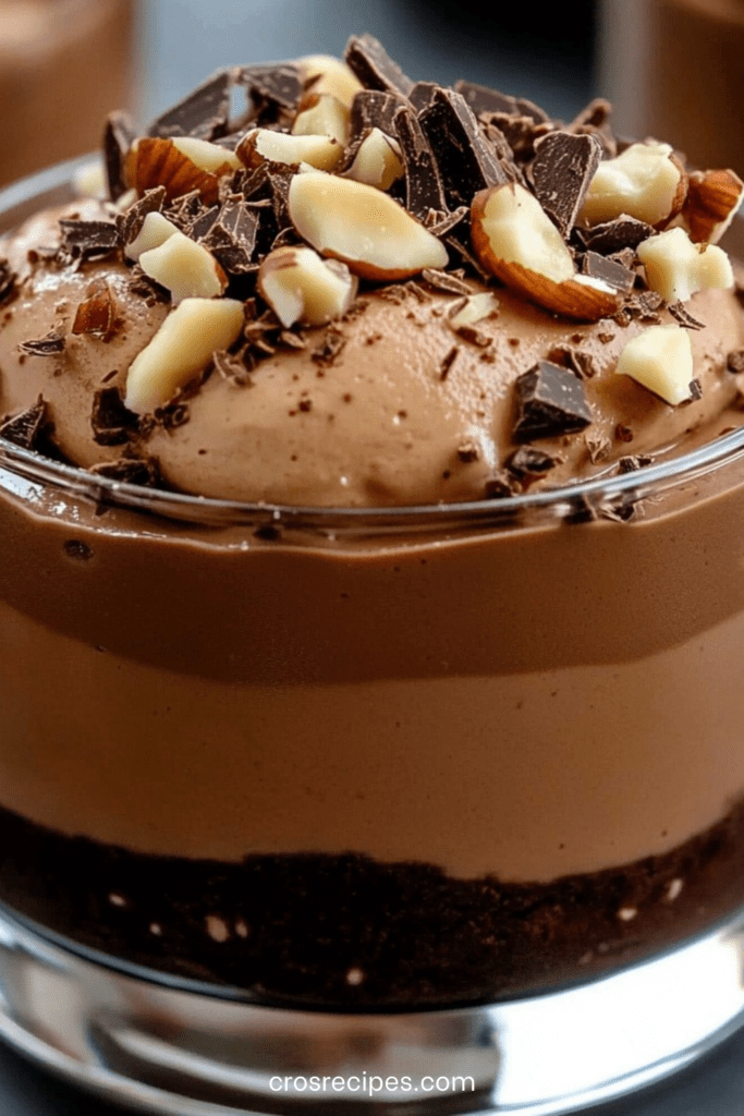 Mini verrines de mousse au chocolat noir aérienne, sur base biscuit chocolat, garnies d’éclats de noisette et copeaux de chocolat.