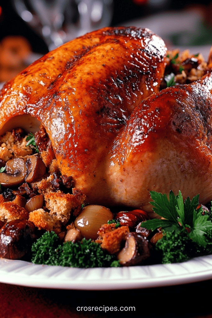 Dinde farcie aux marrons et champignons, peau dorée et croustillante, servie avec oignons grelots et jus de cuisson.
