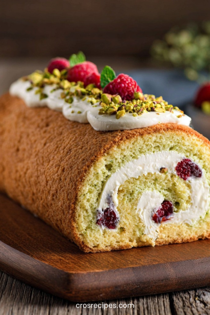 Bûche roulée à la génoise pistache garnie de crème framboise, décorée de pistaches concassées, framboises fraîches et menthe.