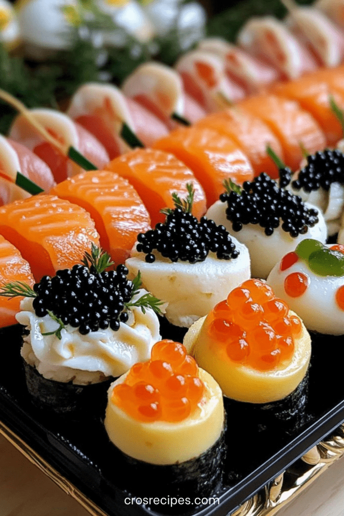 Buffet et Assortiment de bouchées festives au saumon, caviar noir, œufs de caille et tartelettes garnies de fromage frais et œufs de saumon.