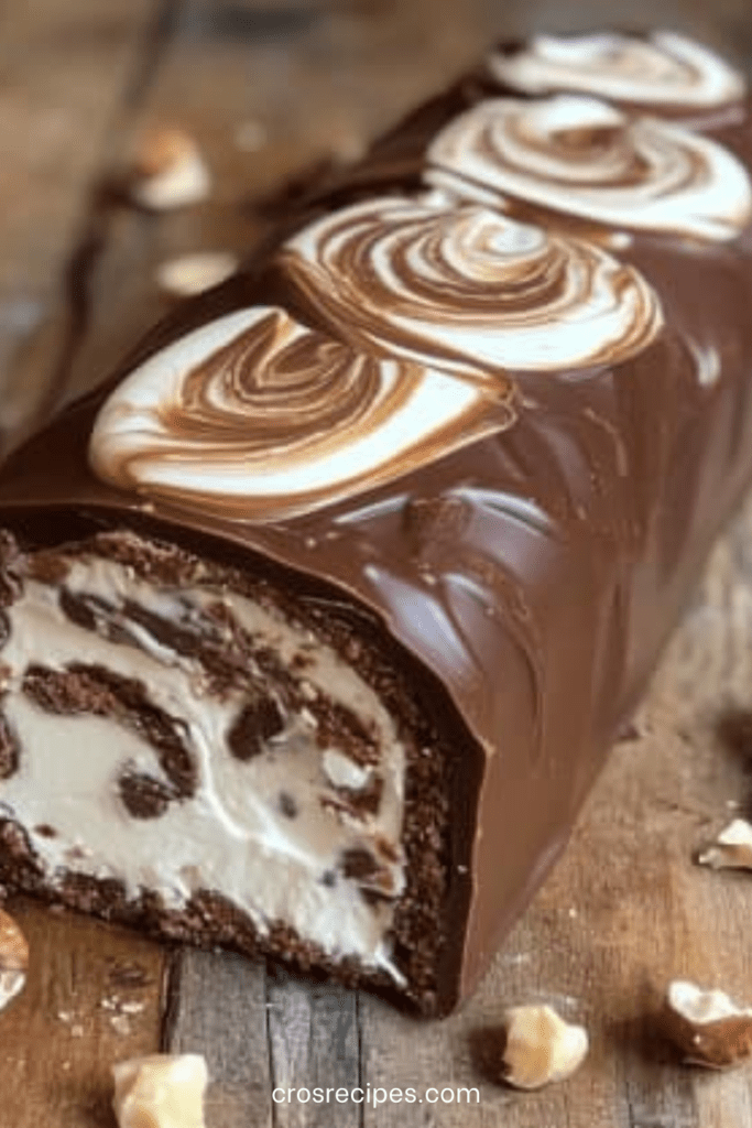 Bûche roulée au chocolat garnie de crème vanillée, recouverte d’une ganache brillante et décorée de fruits secs.