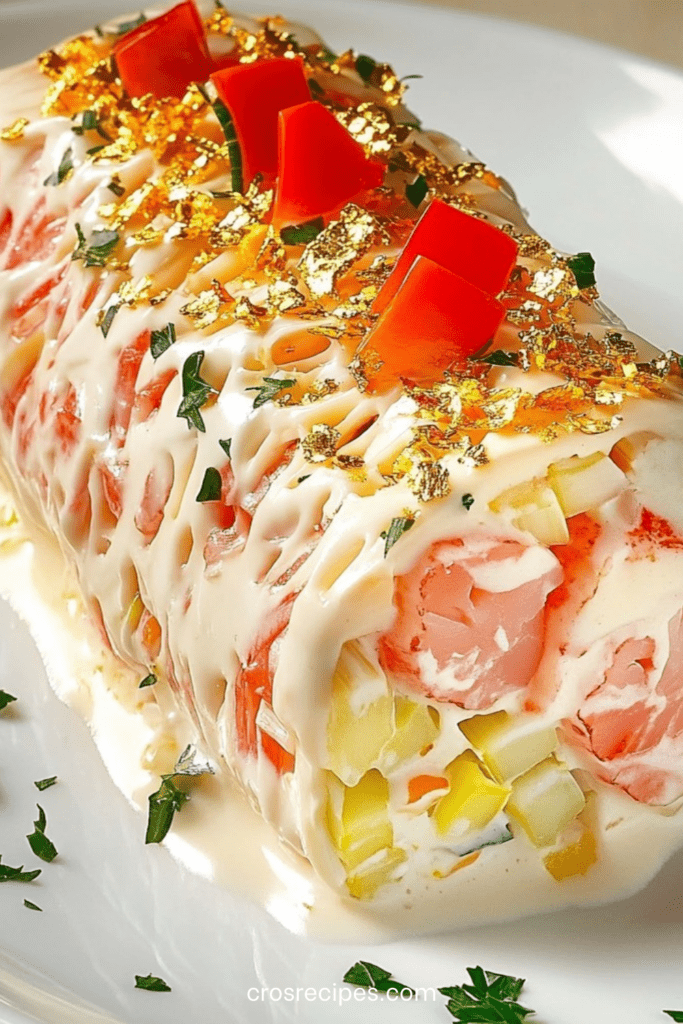 Bûche salée au saumon fumé garnie de crevettes, fromage frais citronné, concombre et herbes fraîches, décorée de poivron rouge.