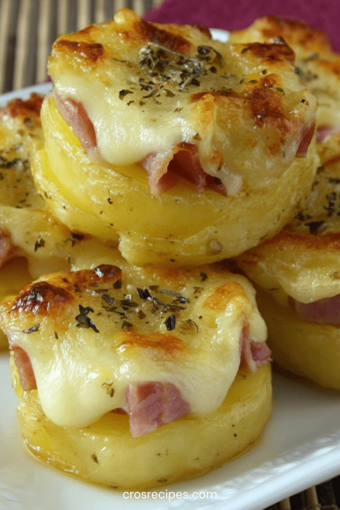 Nids de pommes de terre gratinés disposés dans un plat, dorés au four avec fromage fondu et morceaux de jambon, servis chauds et croustillants