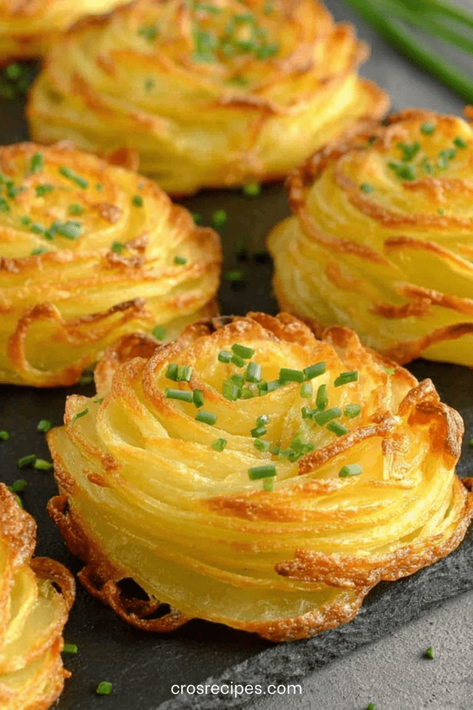 Nids de pommes de terre dorés et croustillants au four, dressés sur une plaque avec ciboulette ciselée, texture légère et aérée, prêts à être dégustés