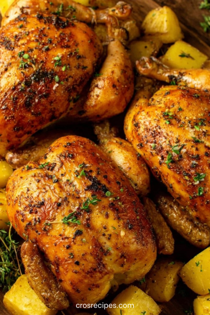 Cuisses de poulet rôti croustillantes au Airfryer accompagnées de pommes de terre dorées en cubes, servies chaudes dans un plat familial