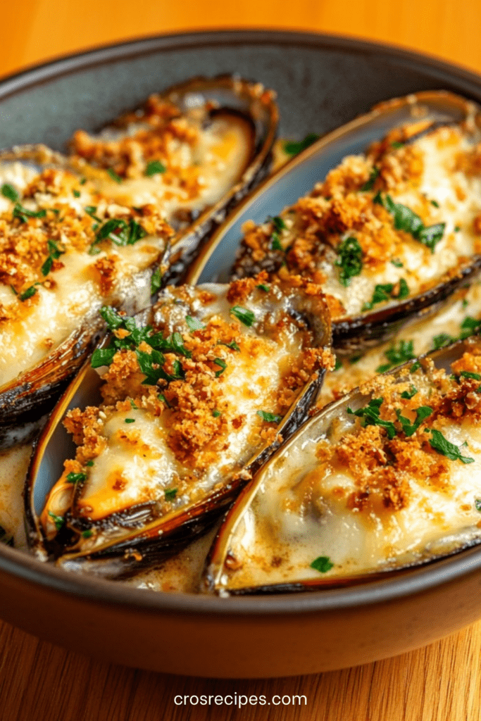Moules gratinées au comté affiné avec noisettes torréfiées dorées au four, disposées dans un plat, fromage fondant et surface croustillante