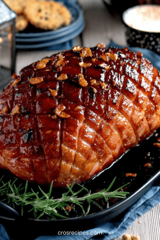 Rôti de porc glacé au miel, ail et romarin, doré et caramélisé au four, tranché sur une planche avec jus de cuisson brillant