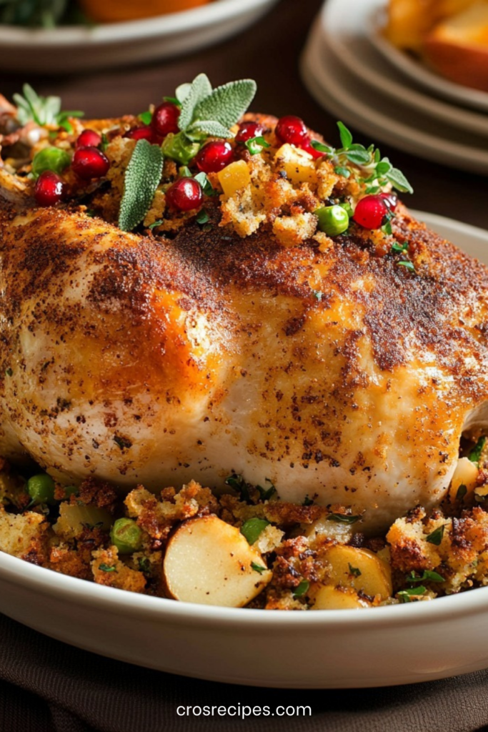Chapon farci rôti aux pommes, sauge et pain d’épices, doré au four avec farce visible et graines de grenade en finition