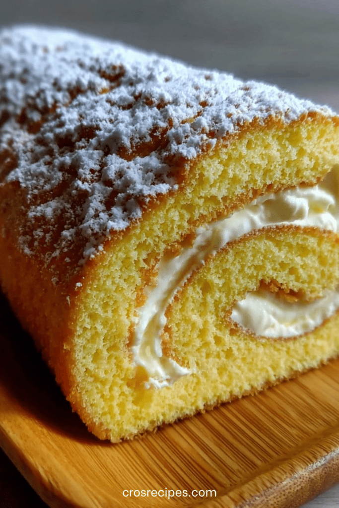 Bûche roulée à la génoise vanille Bourbon garnie de crème mascarpone citron, décorée de sucre glace, découpée en tranches montrant une spirale régulière