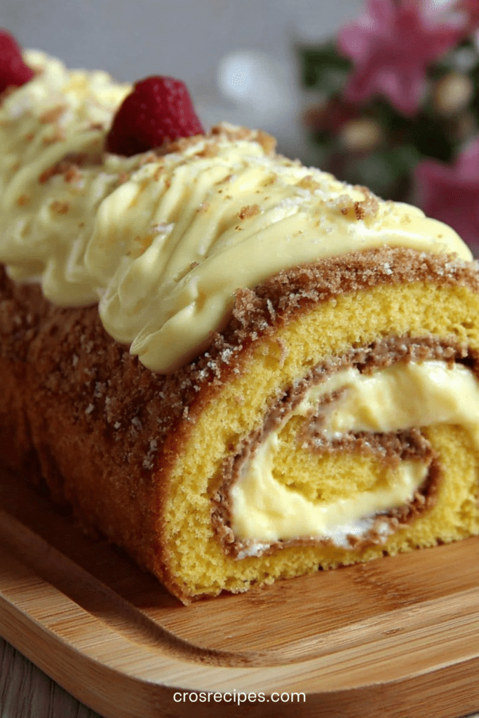 Bûche roulée garnie de crème de marrons et crème chocolat blanc, décorée de noix de coco et framboises, montrant une spirale régulière à la découpe
