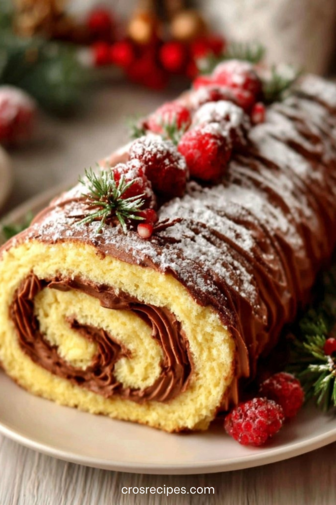 Bûche génoise vanille garnie de crème chocolat, nappée de chocolat noir et décorée de framboises et brins de romarin façon fête