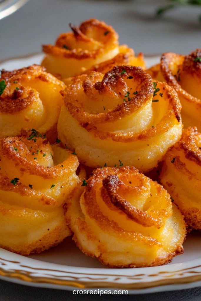 Pommes duchesse dorées et croustillantes dressées en rosaces régulières sur une plaque de cuisson, texture légère et fondante à l’intérieur