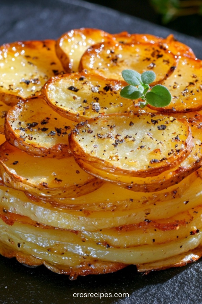 Pommes Anna dorées et croustillantes disposées en disque régulier, tranches fines superposées et brillantes au beurre clarifié