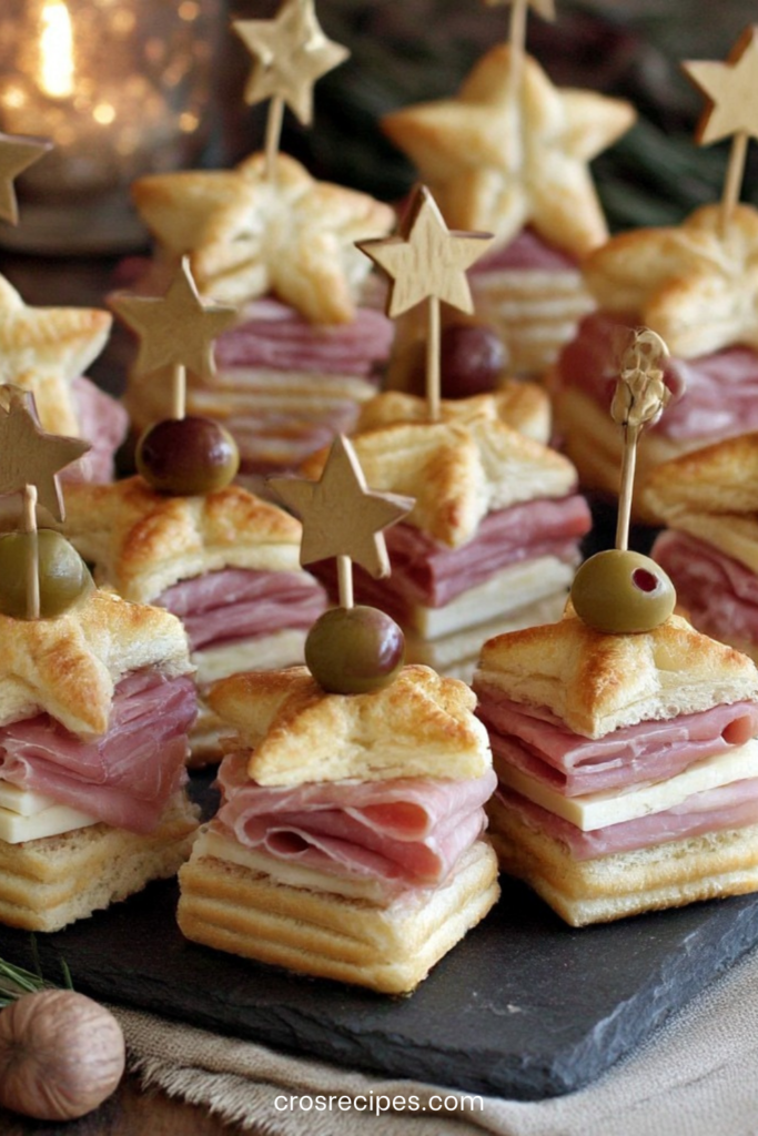 Mini sandwichs étoiles feuilletées garnies de jambon et fromage, montées en sandwichs et décorées d’une olive sur un pic, présentées sur un plateau festif