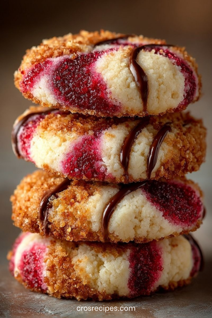 Cookies moelleux au chocolat garnis de confiture de framboise au centre, légèrement dorés sur les bords et présentés sur une plaque de cuisson