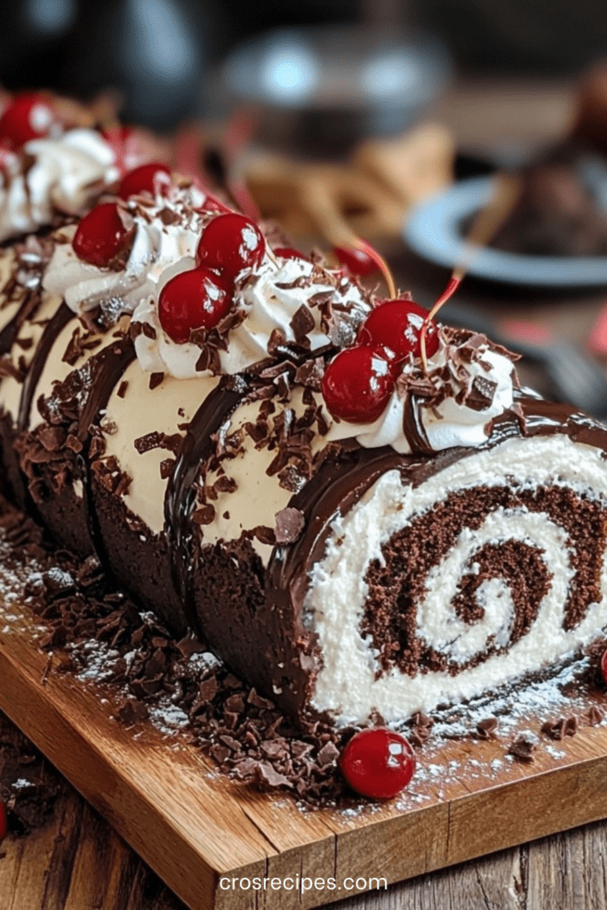 Gâteau roulé Forêt-Noire au cacao garni de chantilly et cerises, décoré de copeaux de chocolat et cerises entières sur le dessus