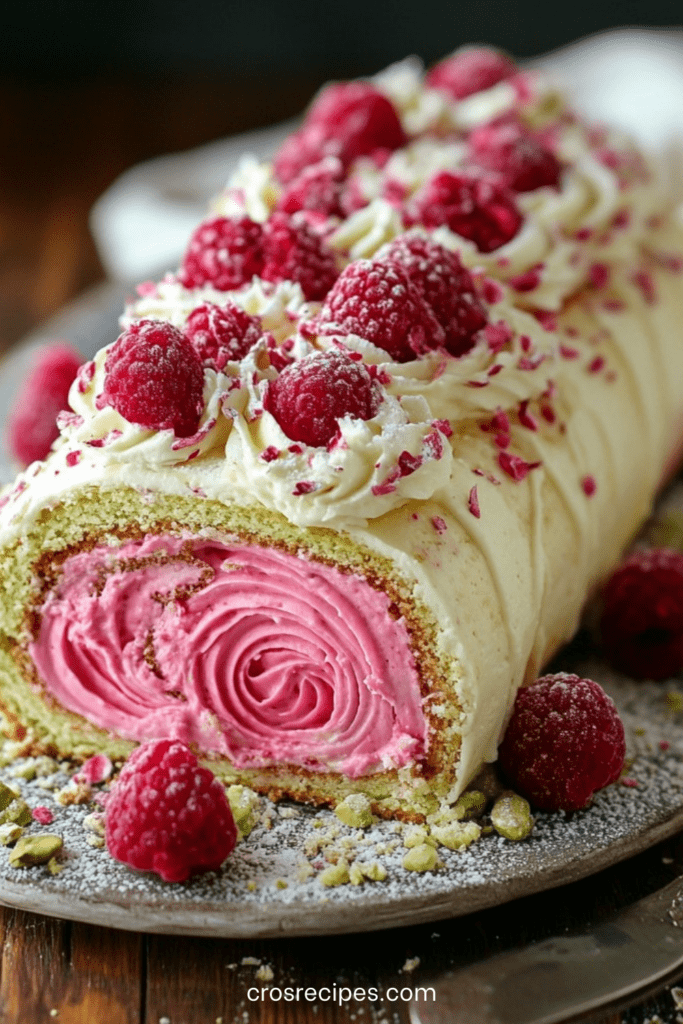 Gâteau roulé à la pistache garni de crème de framboises, décoré de pistaches concassées et framboises fraîches, montrant une spirale rose et verte