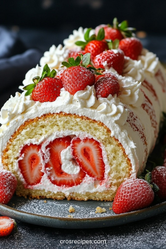 Gâteau roulé aux fraises garni de crème mascarpone, tranché pour montrer la spirale blanche et rose, décoré de fraises fraîches sur le dessus