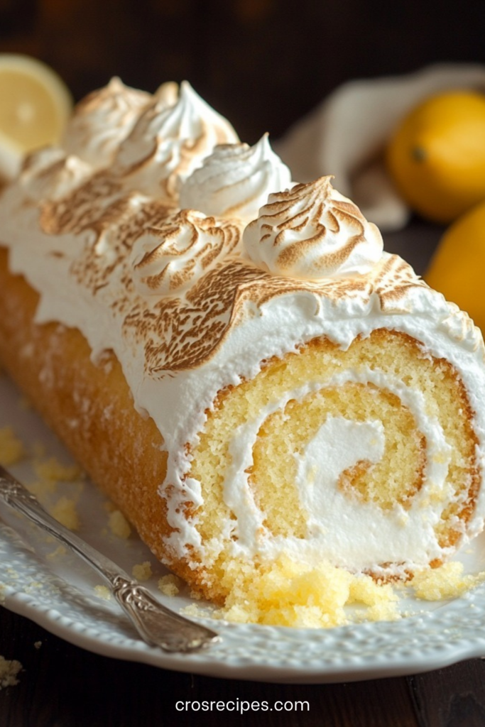 Gâteau roulé au citron garni de lemon curd et recouvert de meringue dorée au chalumeau, présenté en tranches sur une assiette