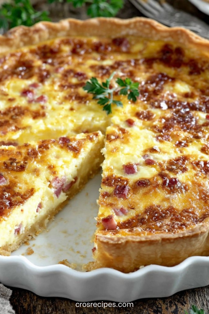 Part de quiche jambon fromage dorée et gratinée, servie dans un moule à tarte avec une garniture crémeuse au jambon et fromage