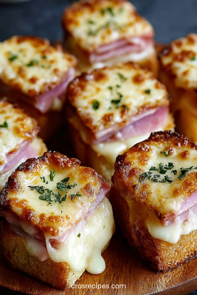 Plateau de mini croque-monsieur en cubes gratinés avec fromage doré