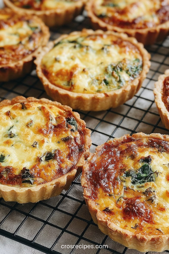 Mini quiches dorées aux épinards et fromage cuites au four, disposées sur une assiette, avec pâte croustillante et garniture crémeuse aux herbes
