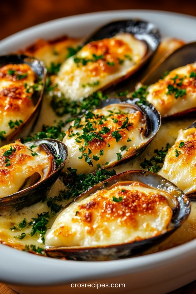 Moules gratinées au gruyère suisse dans leur coquille, dorées sous le gril avec persil frais et cumin torréfié, servies chaudes dans un plat au four