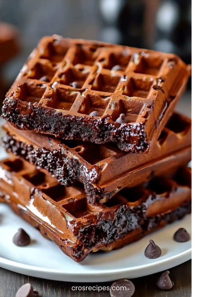 Gaufres brownies épaisses et chocolatées servies chaudes, nappées de sauce au chocolat brillante et garnies de pépites de chocolat
